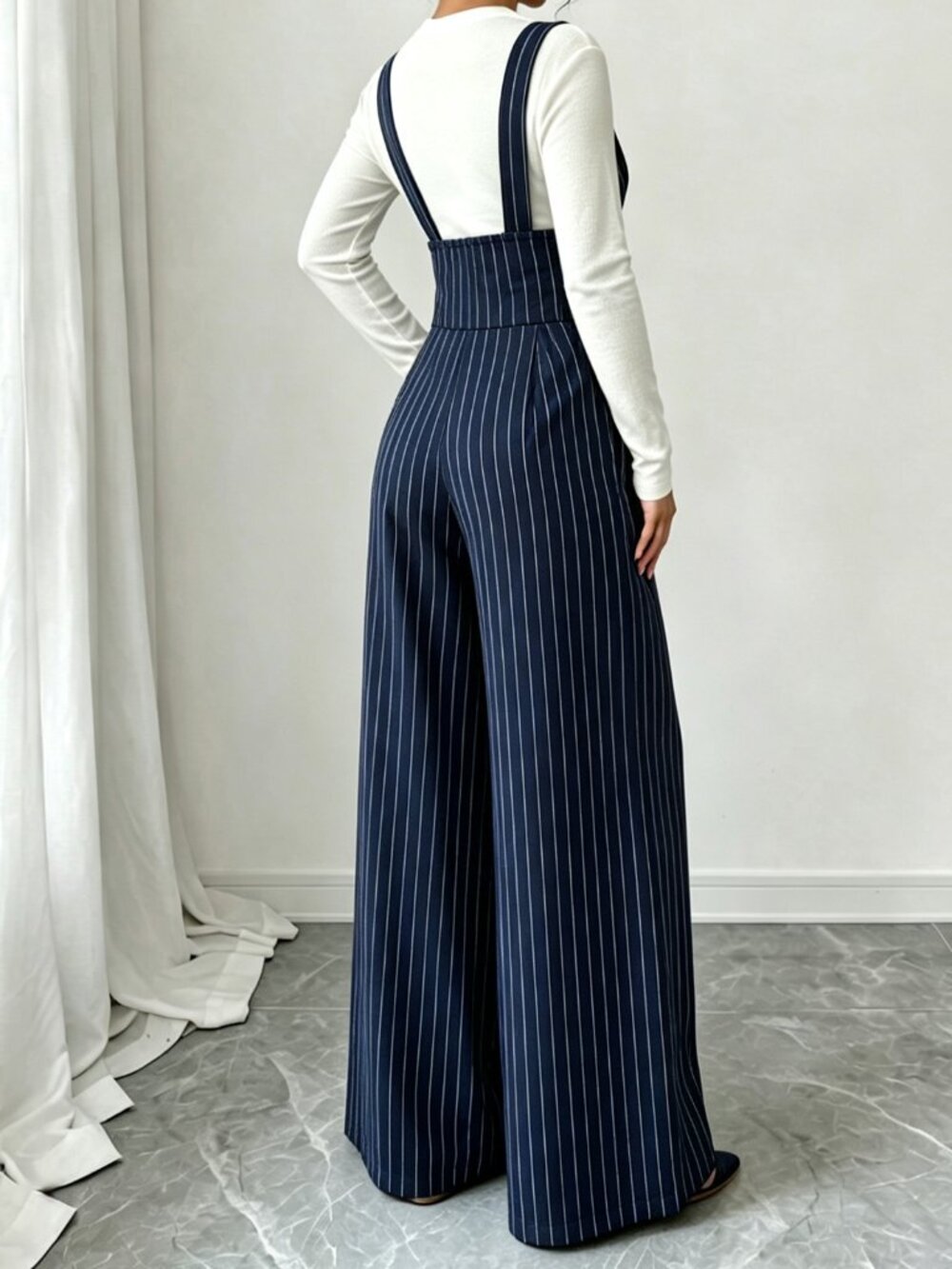 Navy Blue Casual Women's Striped Ultra High Waist Loose Long Overall - Picture 2 of 6